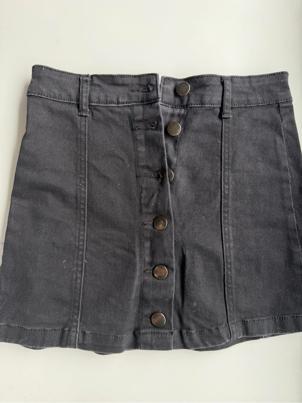 Black Denim Button Front A-Line Mini Skirt